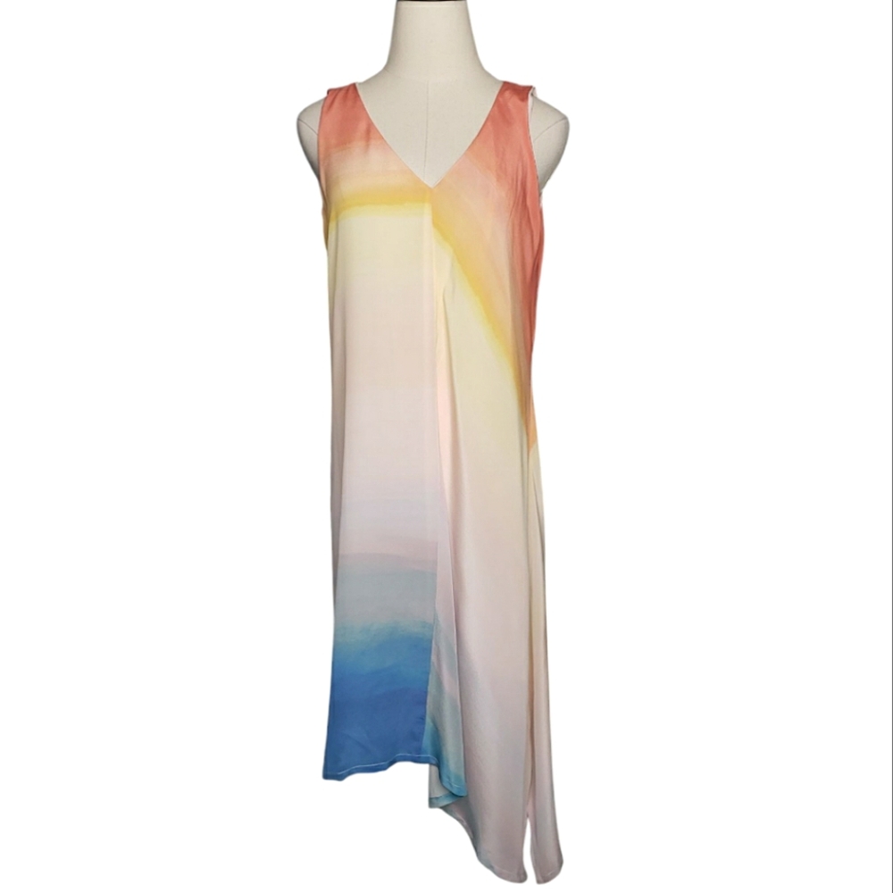 Ecru Silk Ombre Aysemetrical Sleeveless Artsy Pastel Spring Sunset Flowy Midi M
